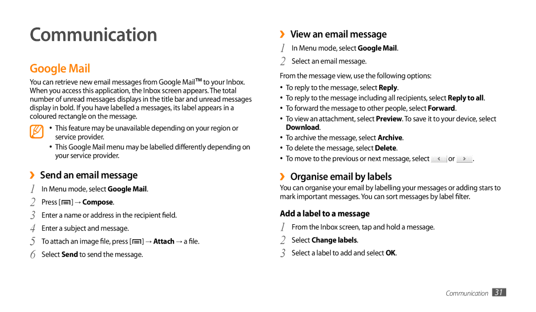 Samsung GT-P1000CWAARB, GT-P1000CWAAFG manual Communication, Google Mail, ›› Send an email message, ›› View an email message 