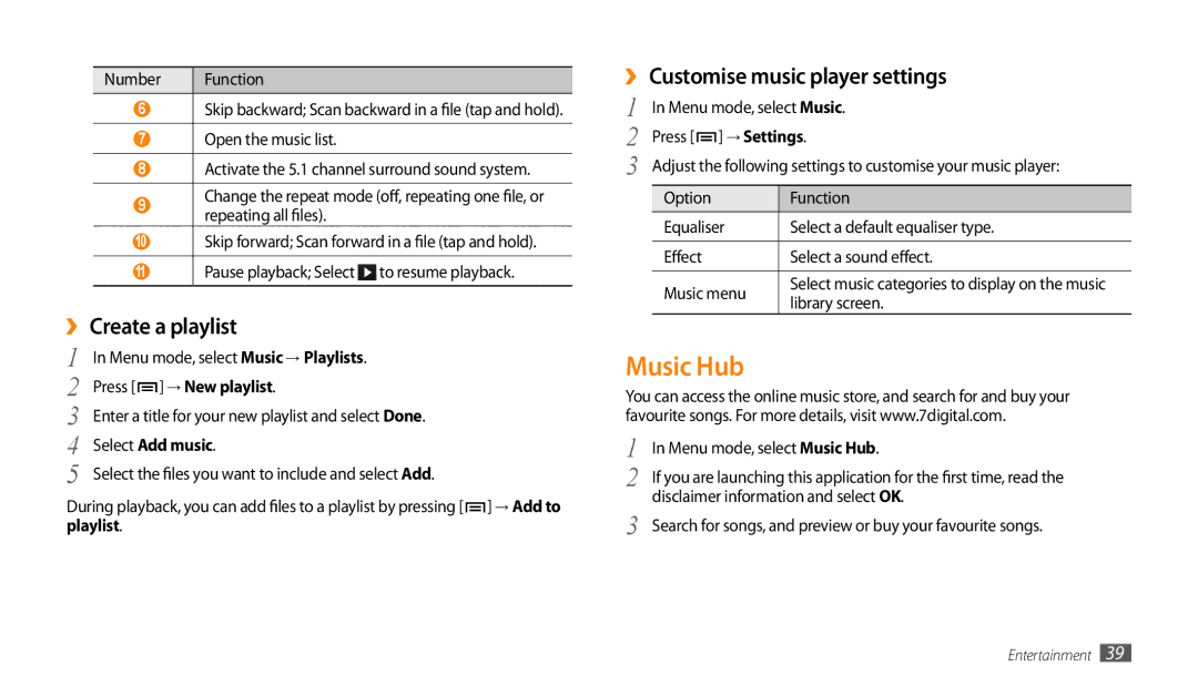 Samsung GT-P1000MSAXEV manual Music Hub, ›› Create a playlist, ›› Customise music player settings, Press → New playlist 