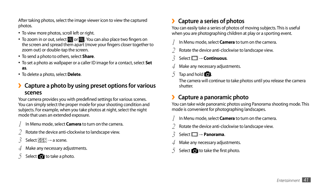 Samsung GT-P1000CWAXXV, GT-P1000CWAAFG Scenes, ›› Capture a series of photos, ›› Capture a panoramic photo, → Panorama 