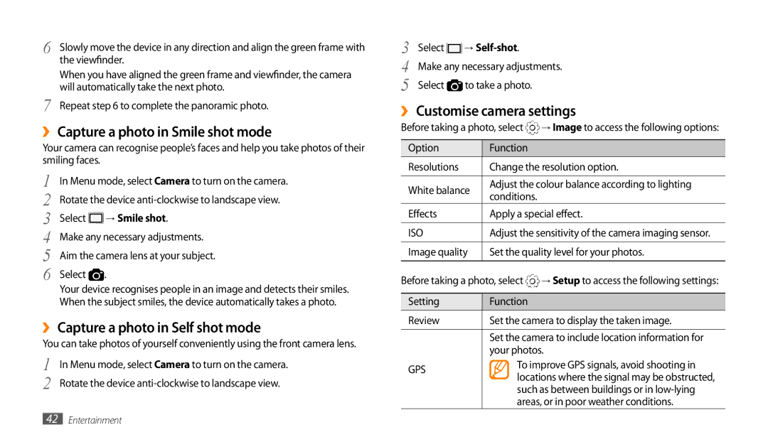 Samsung GT-P1000CWDXEV manual ›› Capture a photo in Smile shot mode, ›› Capture a photo in Self shot mode, → Smile shot 