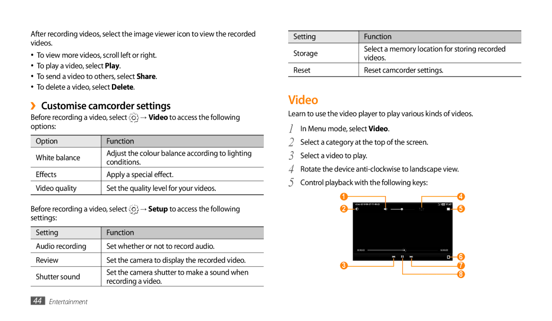 Samsung GT-P1000CWAAFG, GT-P1000CWAKSA, GT-P1000CWAMID, GT-P1000CWAPAK, GT-P1000CWSTHR Video, ›› Customise camcorder settings 