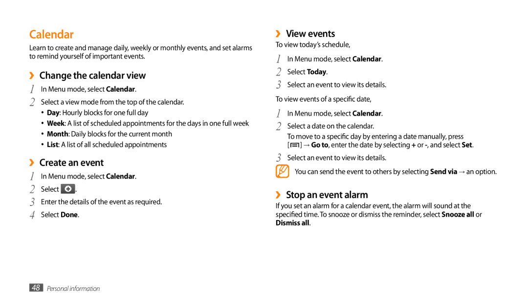 Samsung GT-P1000CWSTHR Calendar, ›› Change the calendar view, ›› Create an event, ›› View events, ›› Stop an event alarm 