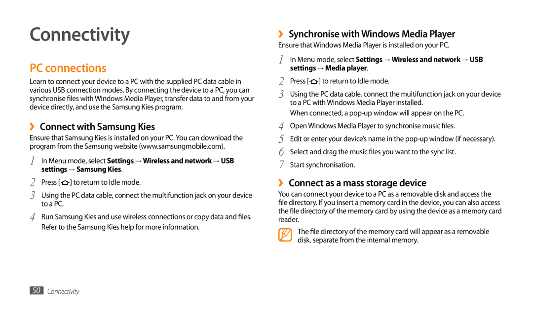 Samsung GT-P1000MSEARB Connectivity, PC connections, ›› Connect with Samsung Kies, ›› Connect as a mass storage device 