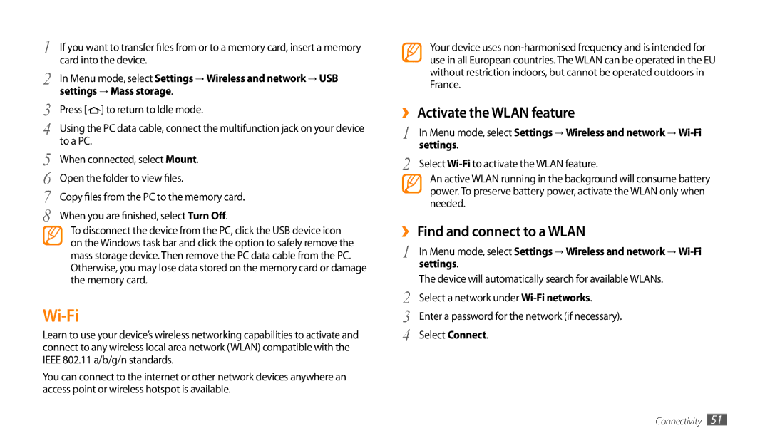 Samsung GT-P1000CWAECT, GT-P1000CWAAFG, GT-P1000CWAKSA Wi-Fi, ›› Activate the Wlan feature, ›› Find and connect to a Wlan 