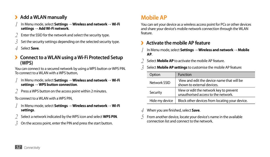 Samsung GT-P1000CWAXSS, GT-P1000CWAAFG, GT-P1000CWAKSA Mobile AP, ›› Add a Wlan manually, ›› Activate the mobile AP feature 