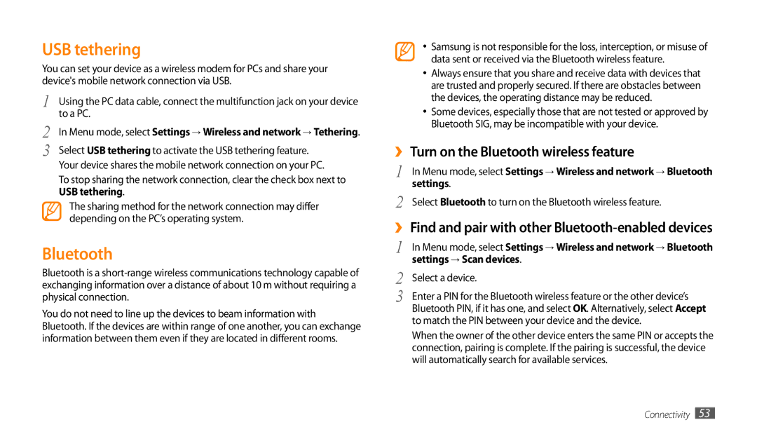 Samsung GT-P1000MSAXSS manual USB tethering, ›› Turn on the Bluetooth wireless feature, Settings → Scan devices 