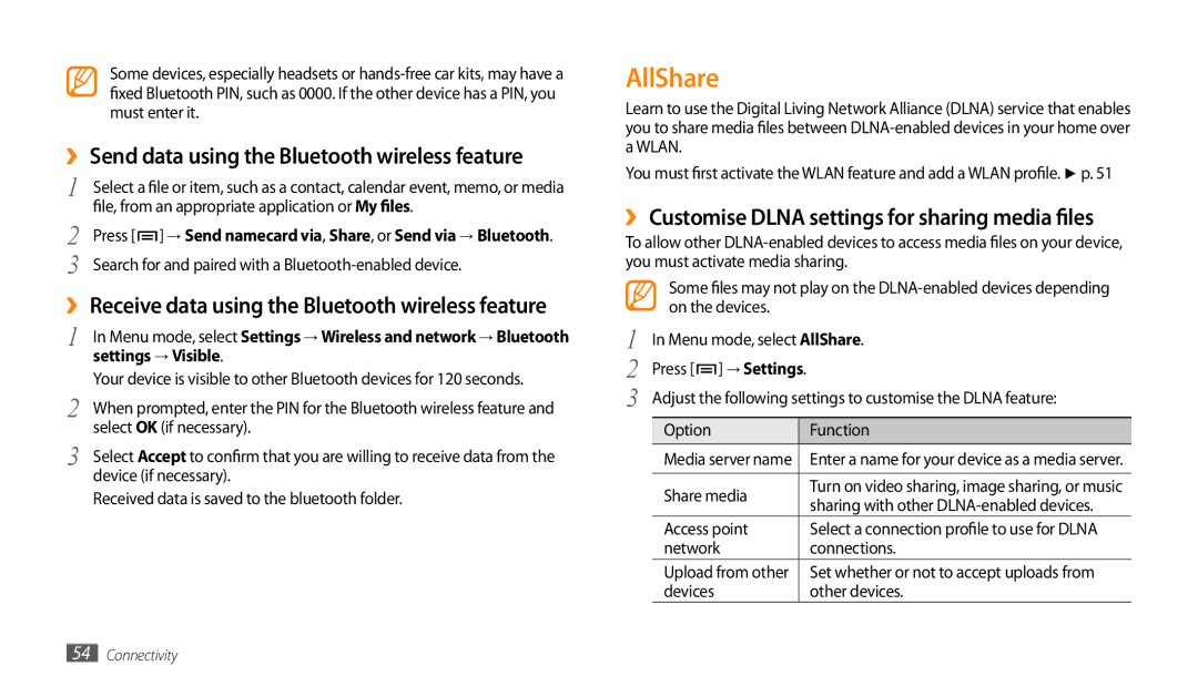 Samsung GT-P1000MSEXSS, GT-P1000CWAAFG AllShare, ›› Send data using the Bluetooth wireless feature, Settings → Visible 