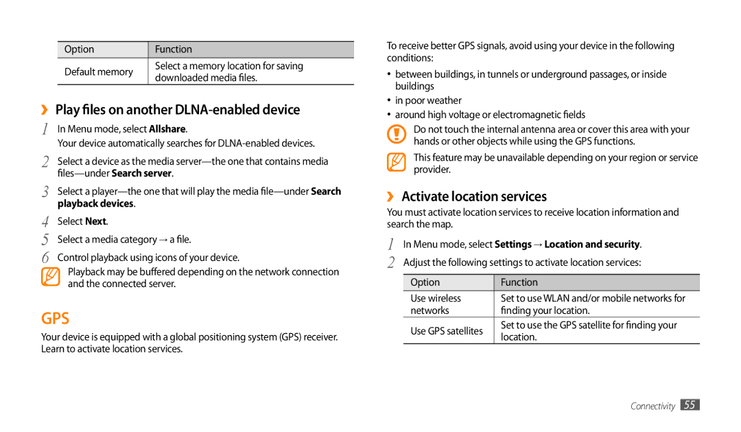 Samsung GT-P1000CWATMC manual ›› Play files on another DLNA-enabled device, ›› Activate location services, Playback devices 