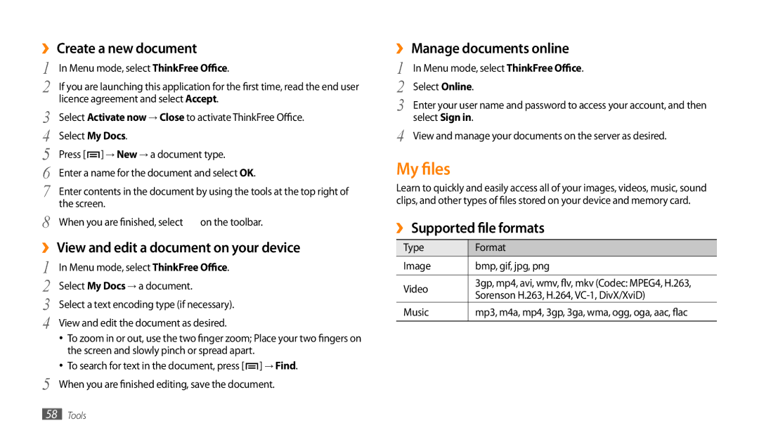 Samsung GT-P1000CWEECT, GT-P1000CWAAFG manual My files, ›› Create a new document, ›› View and edit a document on your device 
