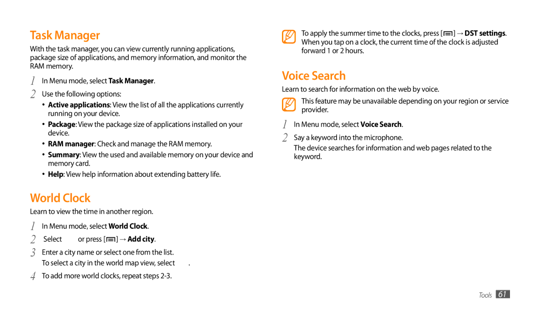 Samsung GT-P1000CWAZIN, GT-P1000CWAAFG, GT-P1000CWAKSA, GT-P1000CWAMID manual Task Manager, World Clock, Voice Search 