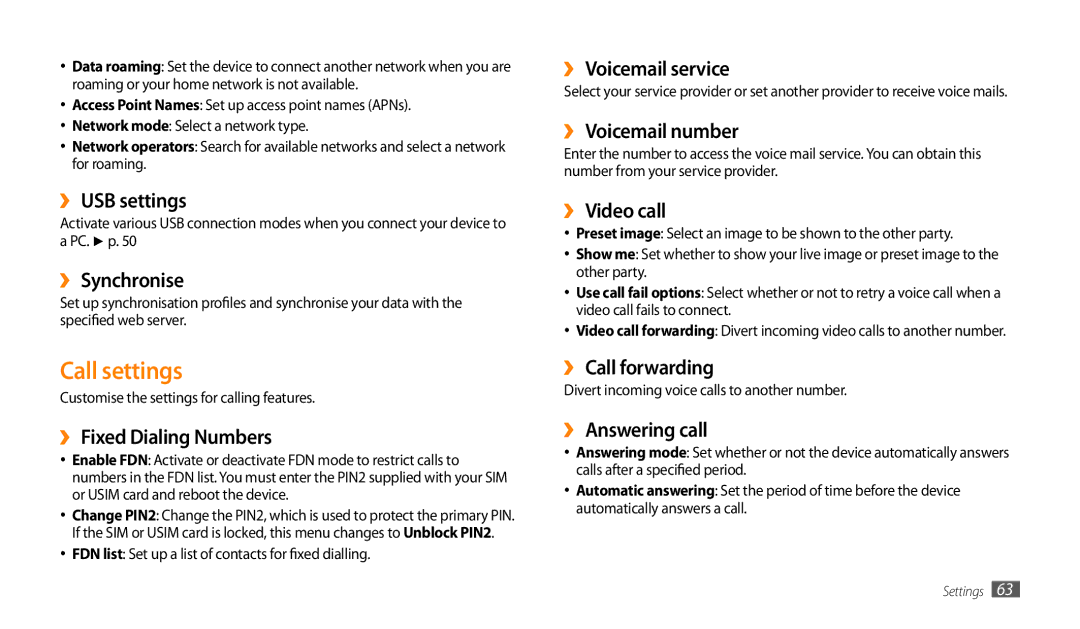 Samsung GT-P1000MSEXSG, GT-P1000CWAAFG, GT-P1000CWAKSA, GT-P1000CWAMID, GT-P1000CWAPAK, GT-P1000CWSTHR manual Call settings 