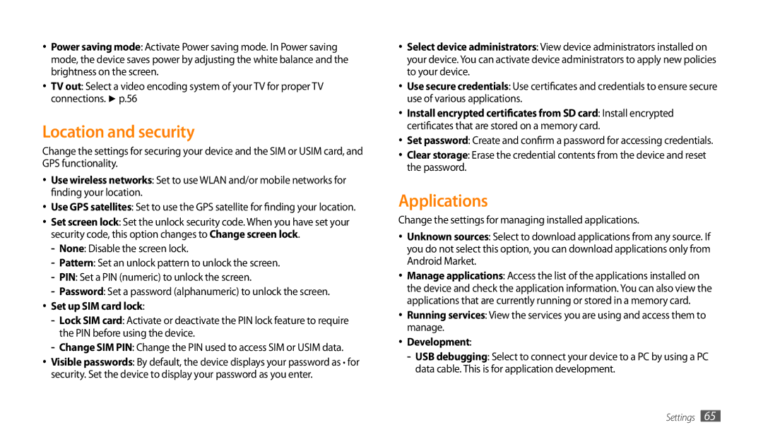 Samsung GT-P1000CWASKZ, GT-P1000CWAAFG manual Location and security, Applications, Set up SIM card lock, Development 