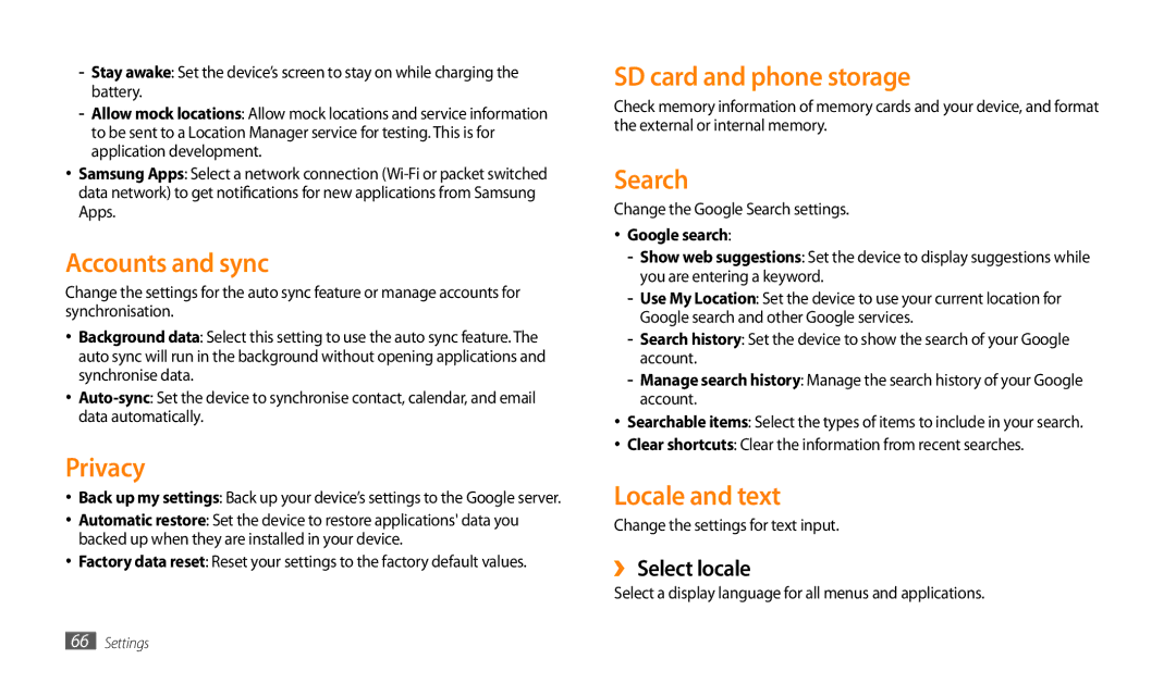 Samsung GT-P1000CWATHR, GT-P1000CWAAFG manual Accounts and sync, Privacy, SD card and phone storage, Search, Locale and text 