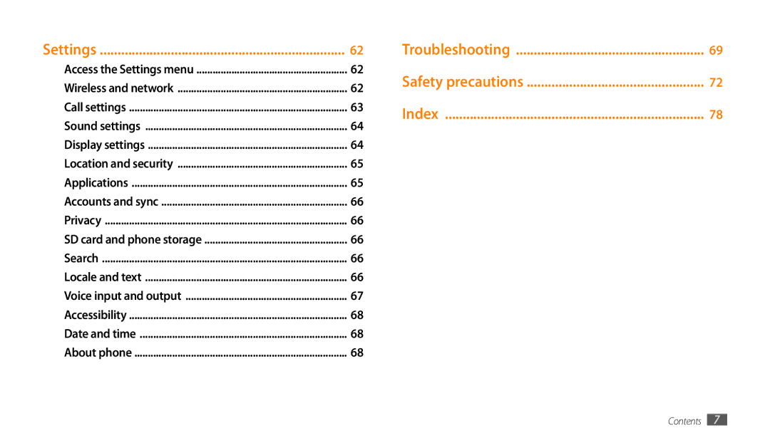 Samsung GT-P1000CWAECT, GT-P1000CWAAFG, GT-P1000CWAKSA, GT-P1000CWAMID Settings, Troubleshooting Safety precautions Index 