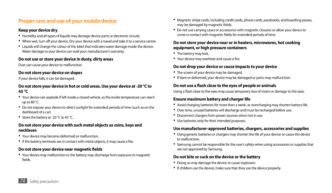 Samsung GT-P1000CWAEGY, GT-P1000CWAAFG, GT-P1000CWAKSA manual Proper care and use of your mobile device, Keep your device dry 