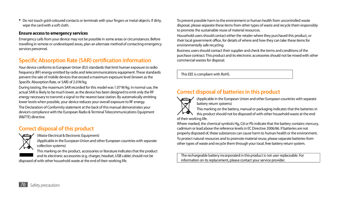 Samsung GT-P1000CWAIEL manual Specific Absorption Rate SAR certification information, Correct disposal of this product 