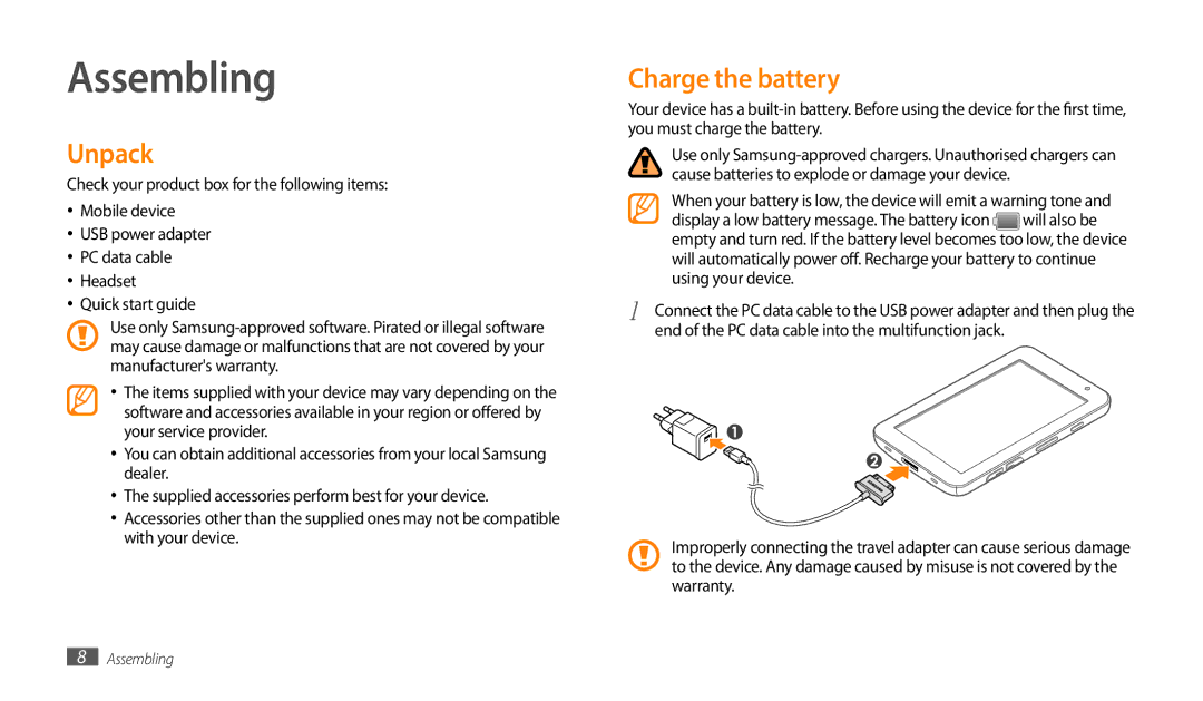 Samsung GT-P1000CWAXSS, GT-P1000CWAAFG manual Assembling, Unpack, Charge the battery, Will also be, Using your device 