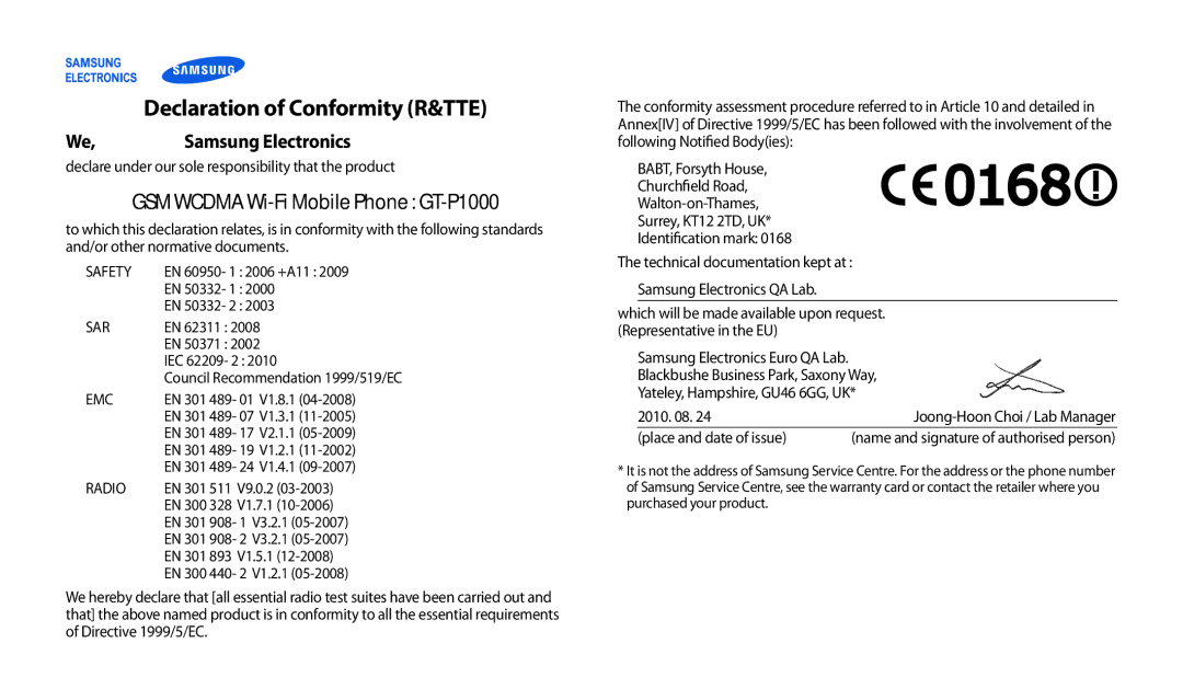 Samsung GT-P1000CWAABS, GT-P1000CWAAFG, GT-P1000CWAKSA, GT-P1000CWAMID, GT-P1000CWAPAK manual Declaration of Conformity R&TTE 