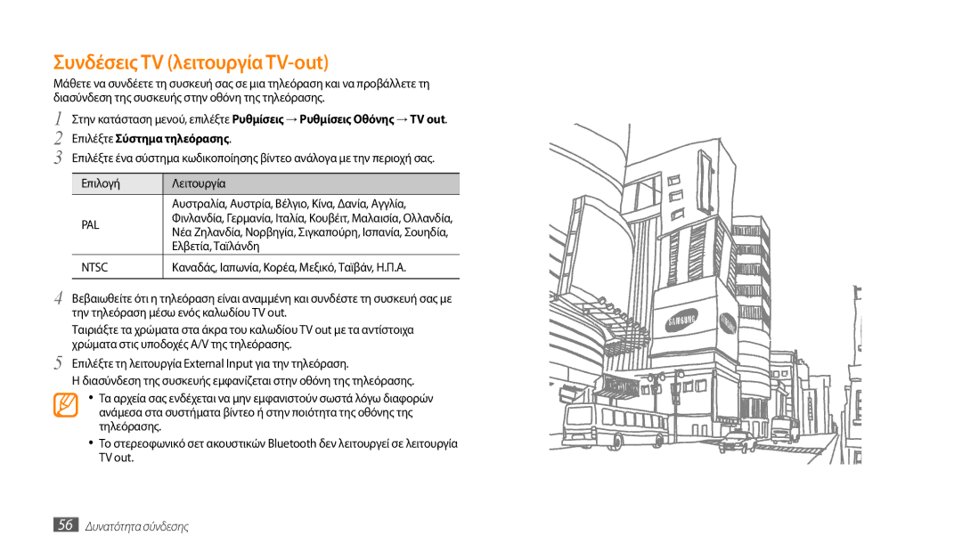 Samsung GT-P1000CWACOS, GT-P1000CWAVGR manual Συνδέσεις TV λειτουργία TV-out, Ελβετία, Ταϊλάνδη, 56 Δυνατότητα σύνδεσης 