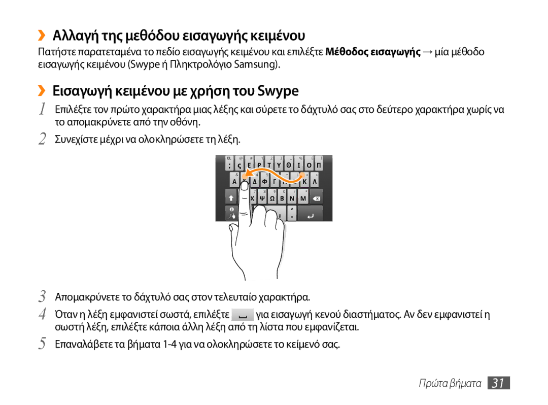 Samsung GT-P1000CWAVGR, GT-P1000CWACOS ››Αλλαγή της μεθόδου εισαγωγής κειμένου, ››Εισαγωγή κειμένου με χρήση του Swype 