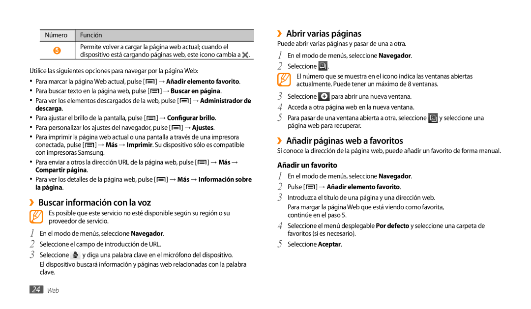 Samsung GT-P1000MSAFOP manual ››Buscar información con la voz, ››Abrir varias páginas, ››Añadir páginas web a favoritos 