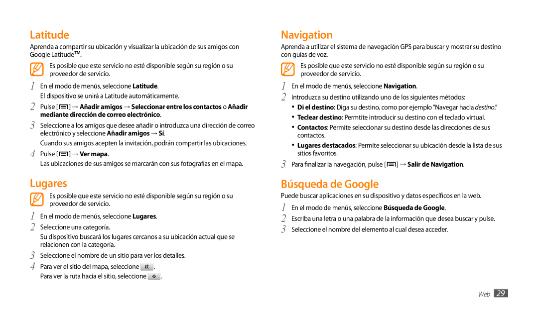 Samsung GT-P1000CWEATL, GT-P1000CWAITV, GT-P1000CWDPRO, GT-P1000CWAAMN manual Lugares, Navigation, Búsqueda de Google 