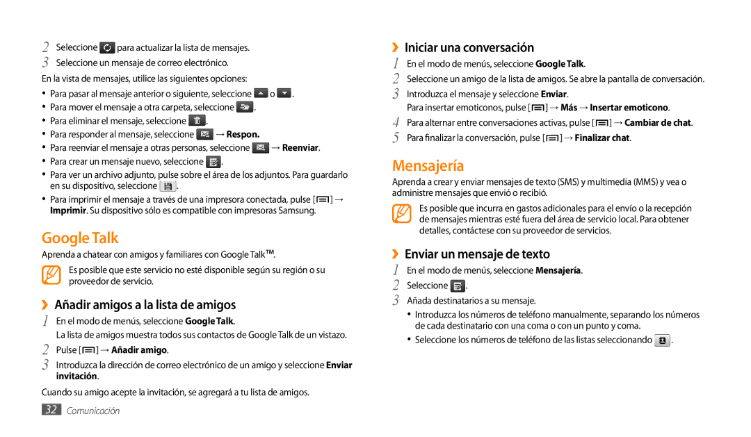 Samsung GT-P1000CWANEE manual Google Talk, Mensajería, ››Añadir amigos a la lista de amigos, ››Iniciar una conversación 