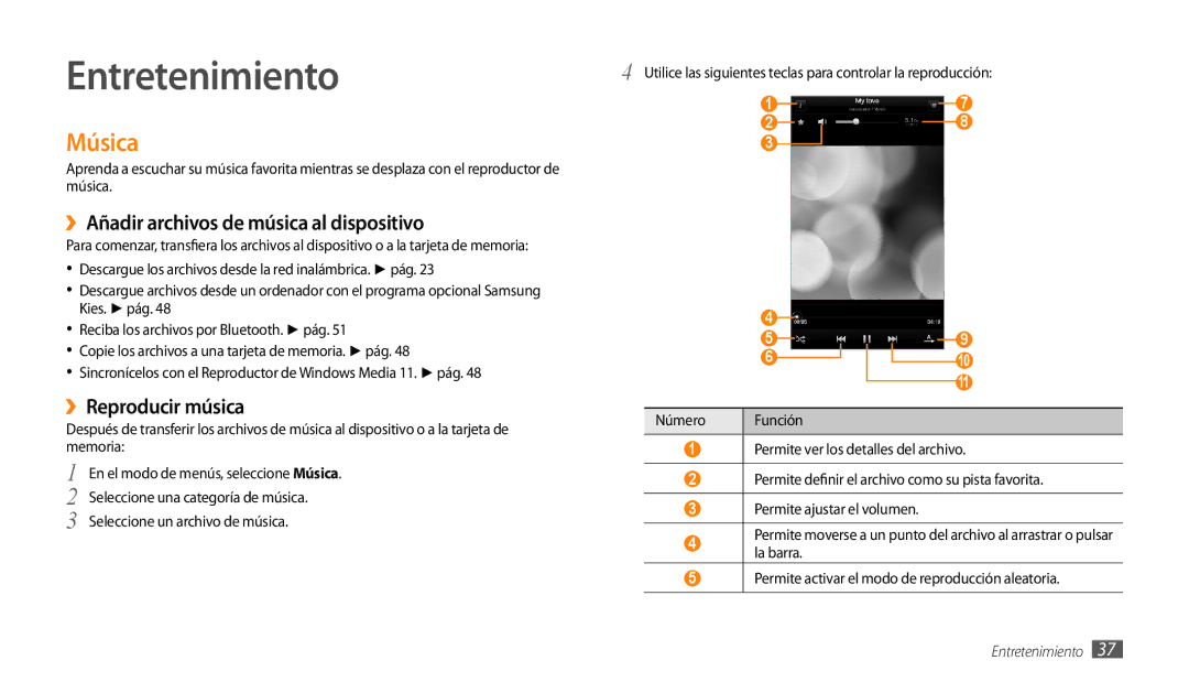 Samsung GT-P1000CWAXEC manual Entretenimiento, Música, ››Añadir archivos de música al dispositivo, ››Reproducir música 