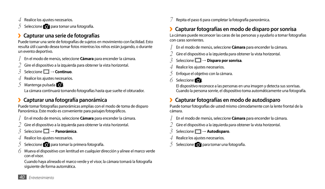 Samsung GT-P1000CWAITV, GT-P1000CWDPRO manual ››Capturar una serie de fotografías, ››Capturar una fotografía panorámica 