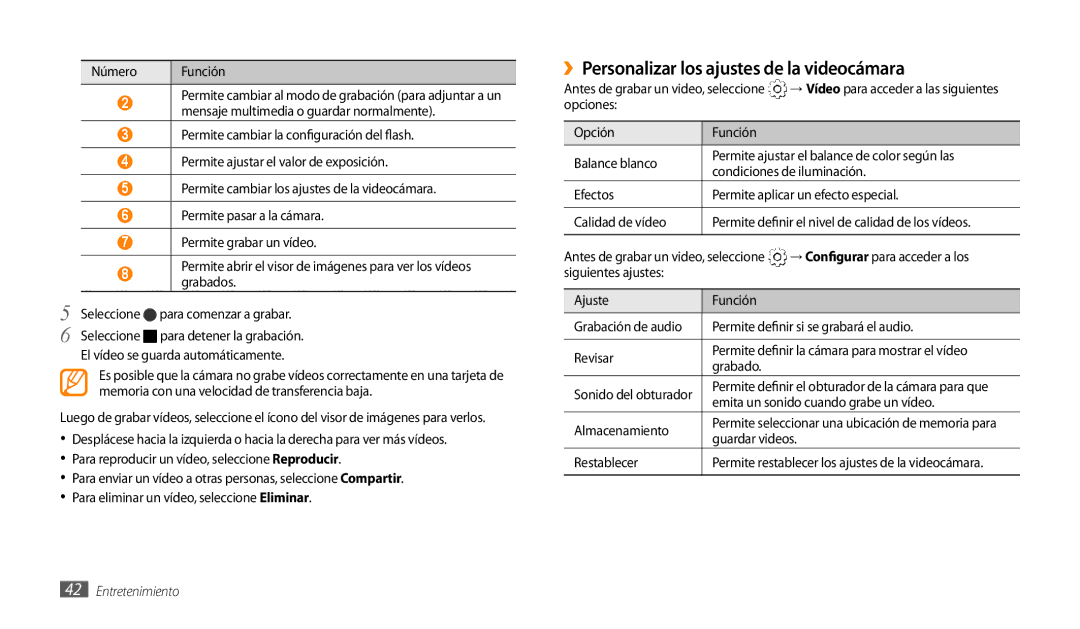 Samsung GT-P1000CWAAMN, GT-P1000CWAITV, GT-P1000CWDPRO, GT-P1000CWAFWD manual ››Personalizar los ajustes de la videocámara 