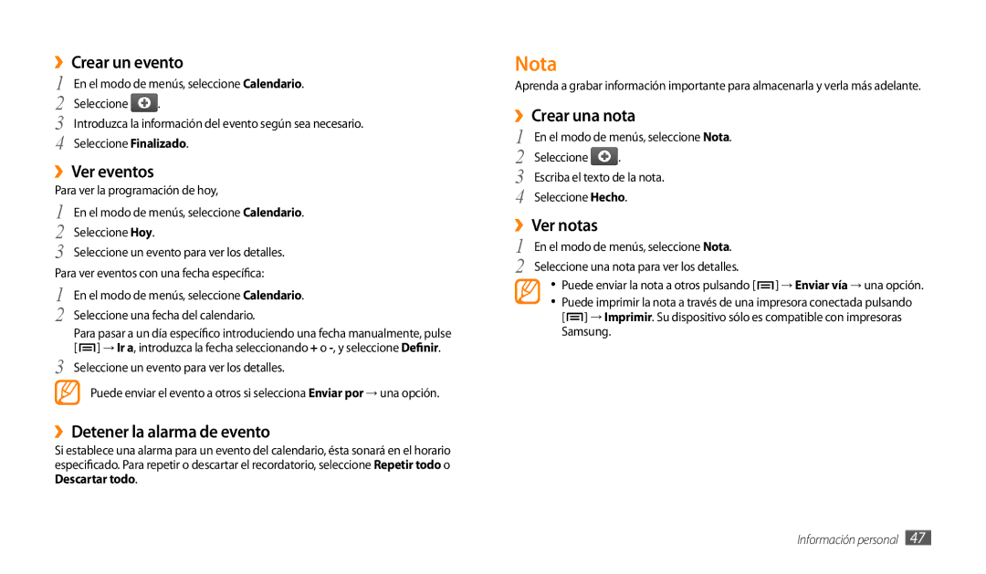 Samsung GT-P1000CWAXSO manual Nota, ››Crear un evento, ››Ver eventos, ››Detener la alarma de evento, ››Crear una nota 