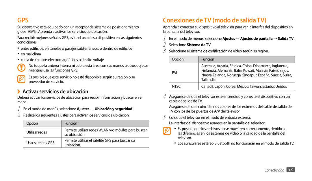 Samsung GT-P1000CWAFOP Conexiones de TV modo de salida TV, ››Activar servicios de ubicación, Seleccione Sistema de TV 