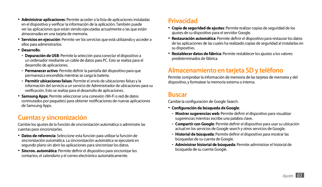 Samsung GT-P1000CWAFWD manual Cuentas y sincronización, Privacidad, Almacenamiento en tarjeta SD y teléfono, Buscar 