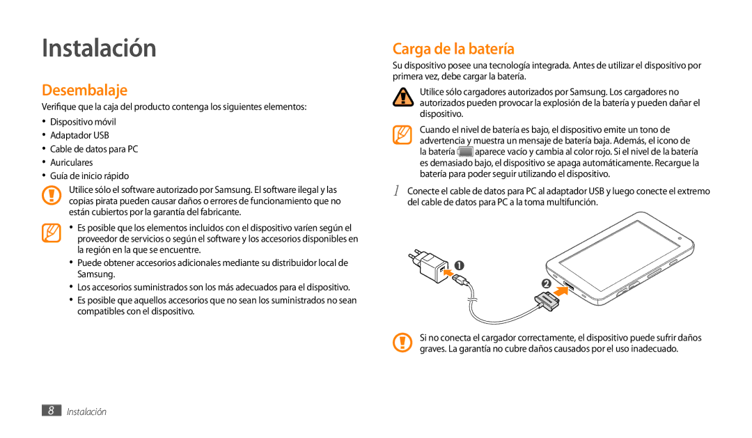 Samsung GT-P1000CWEXEC, GT-P1000CWAITV, GT-P1000CWDPRO, GT-P1000CWAAMN manual Instalación, Desembalaje, Carga de la batería 