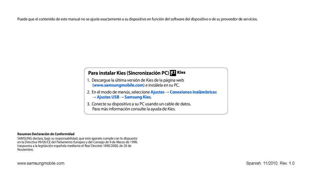 Samsung GT-P1000CWAITV, GT-P1000CWDPRO manual Para instalar Kies Sincronización PC, Resumen Declaración de Conformidad 