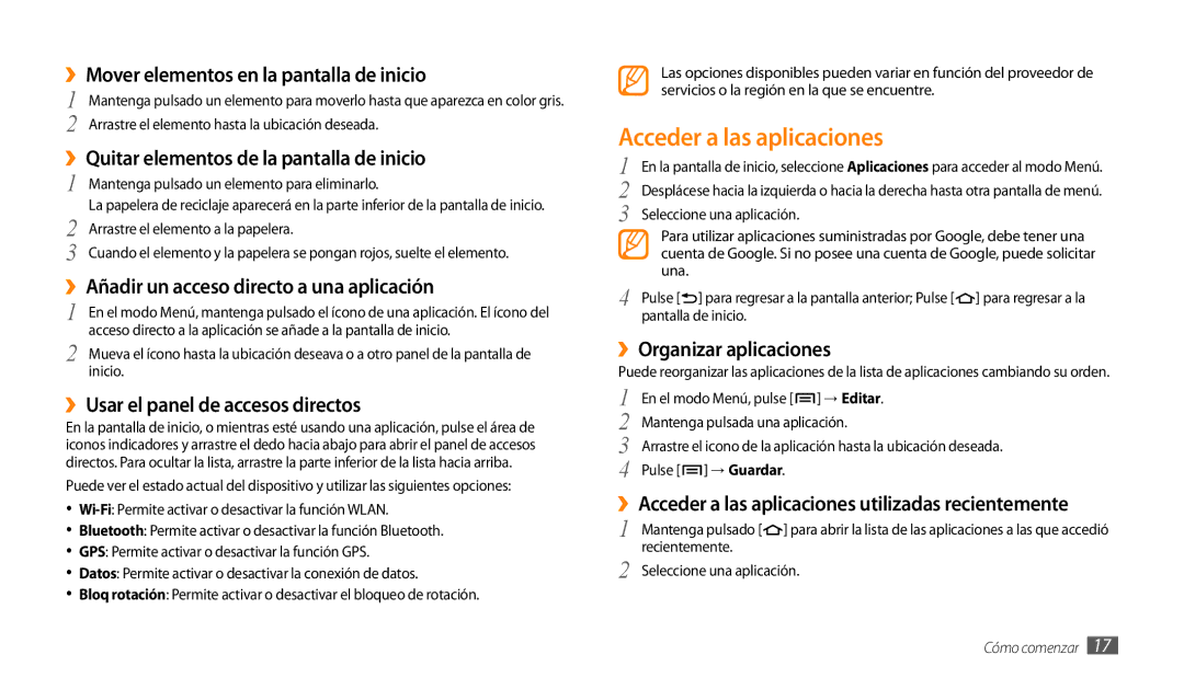 Samsung GT-P1000CWAXEC Acceder a las aplicaciones, ››Mover elementos en la pantalla de inicio, ››Organizar aplicaciones 