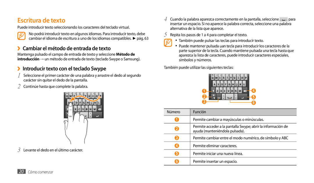 Samsung GT-P1000CWAITV, GT-P1000CWDPRO manual Escritura de texto, ››Cambiar el método de entrada de texto, 20 Cómo comenzar 