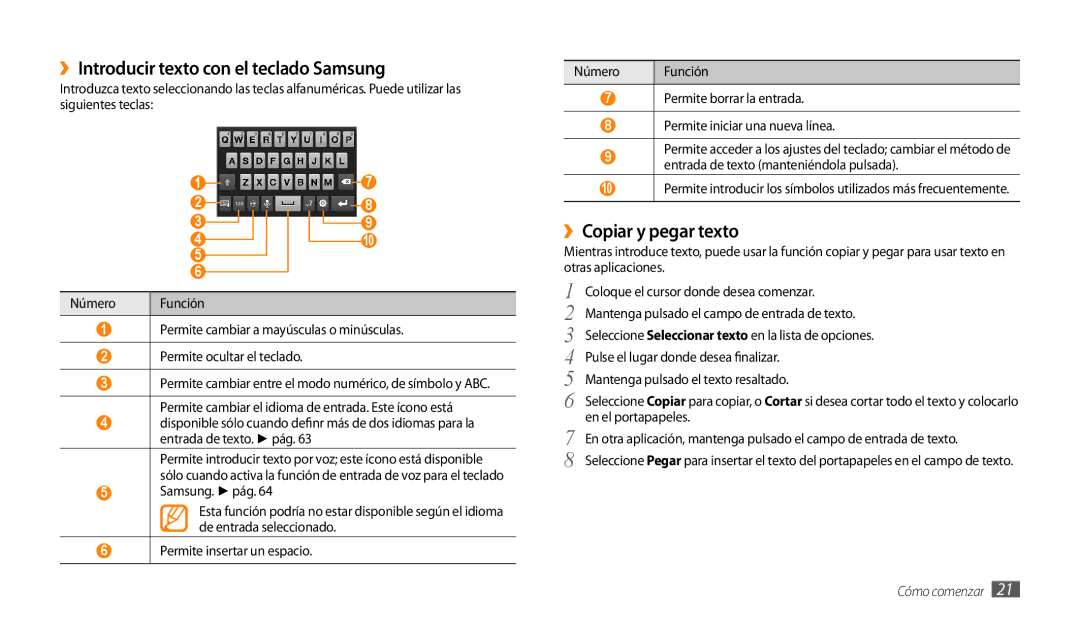 Samsung GT-P1000CWDPRO manual ››Introducir texto con el teclado Samsung, ››Copiar y pegar texto, Entrada de texto. pág 