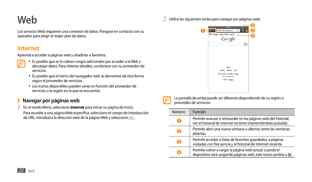 Samsung GT-P1000CWAAMN, GT-P1000CWAITV, GT-P1000CWDPRO, GT-P1000CWAFWD manual Internet, ››Navegar por páginas web, 22 Web 