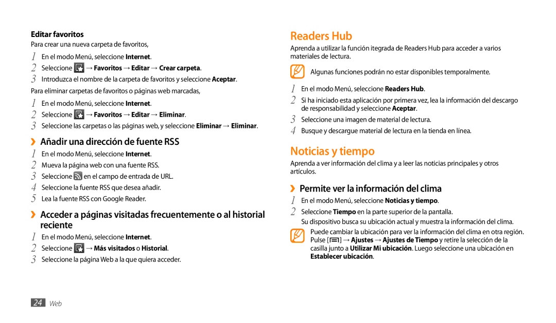 Samsung GT-P1000MSAFOP manual Readers Hub, Noticias y tiempo, ››Añadir una dirección de fuente RSS, Editar favoritos 