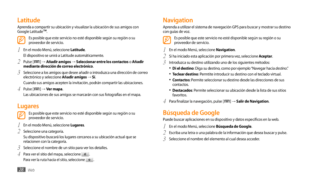 Samsung GT-P1000CWEXEC, GT-P1000CWAITV, GT-P1000CWDPRO, GT-P1000CWAAMN manual Lugares, Navigation, Búsqueda de Google, 28 Web 