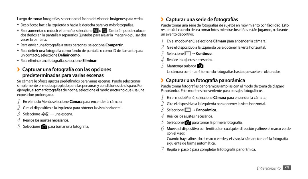 Samsung GT-P1000CWAATL manual ››Capturar una serie de fotografías, ››Capturar una fotografía panorámica, → Panorámica 