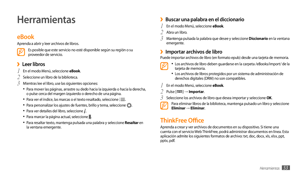 Samsung GT-P1000CWAFOP, GT-P1000CWAITV, GT-P1000CWDPRO, GT-P1000CWAAMN, GT-P1000CWAFWD Herramientas, EBook, ThinkFree Office 