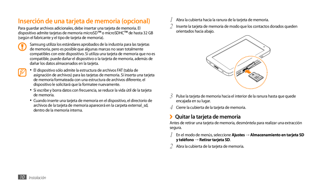 Samsung GT-P1000CWEAMN manual ››Quitar la tarjeta de memoria, Inserción de una tarjeta de memoria opcional, Instalación 