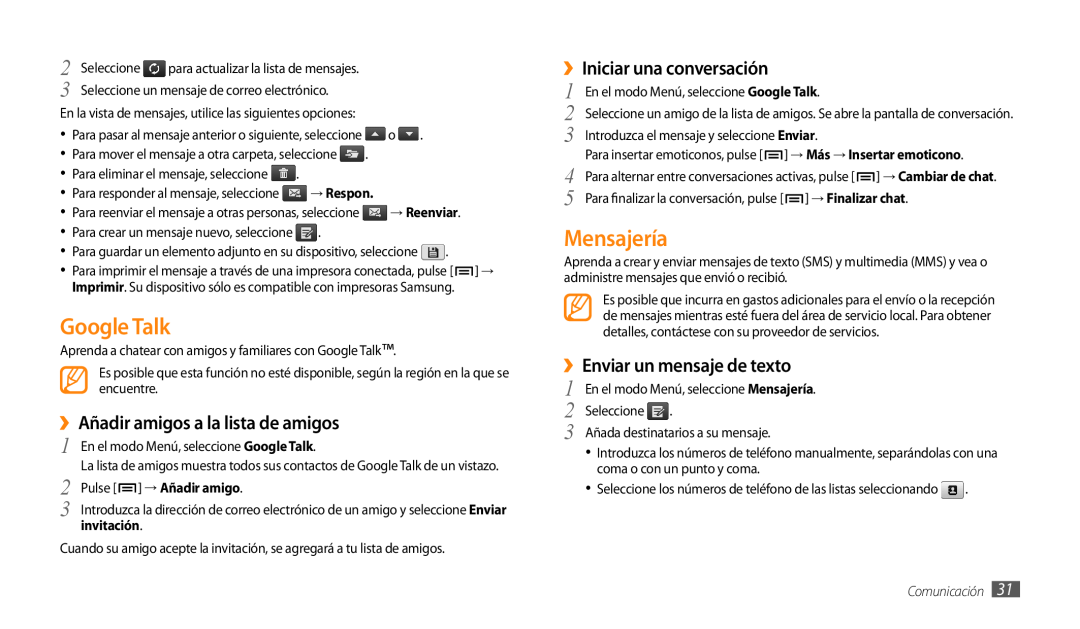 Samsung GT-P1000CWDFOP manual Google Talk, Mensajería, ››Añadir amigos a la lista de amigos, ››Iniciar una conversación 
