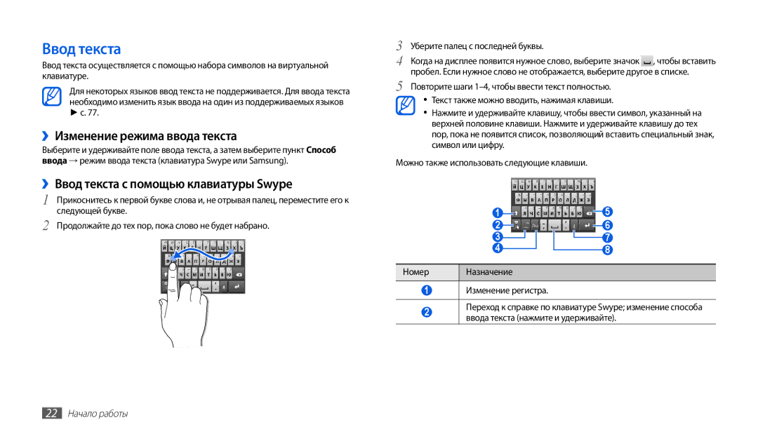 Samsung GT-P1000MSASER ››Изменение режима ввода текста, ››Ввод текста с помощью клавиатуры Swype, 22 Начало работы 