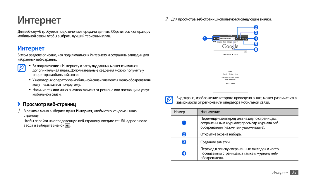 Samsung GT-P1000CWJSEB manual Интернет, ››Просмотр веб-страниц, Номер Назначение Перемещение вперед или назад по страницам 