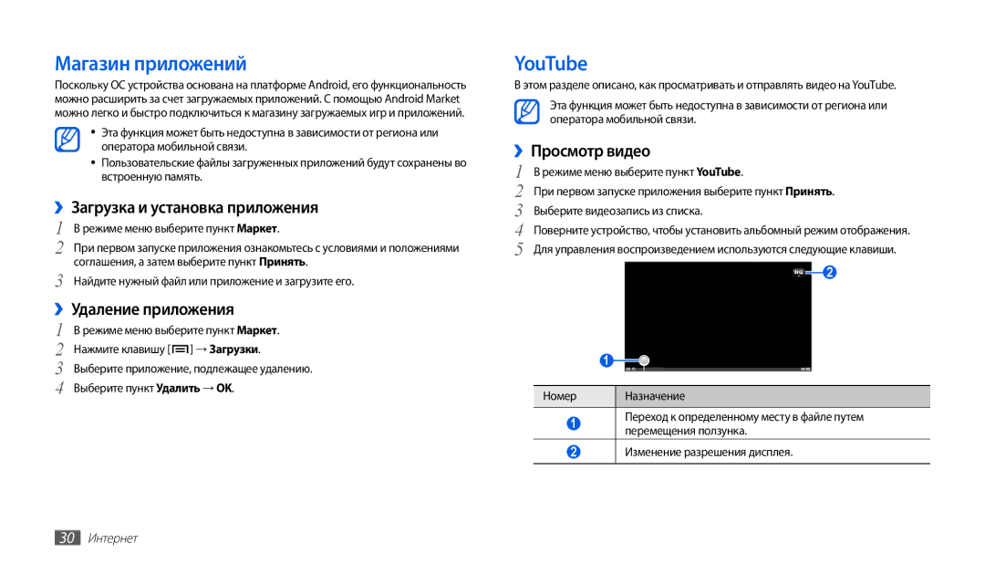 Samsung GT-P1000CWASER manual Магазин приложений, YouTube, ››Загрузка и установка приложения, ››Удаление приложения 