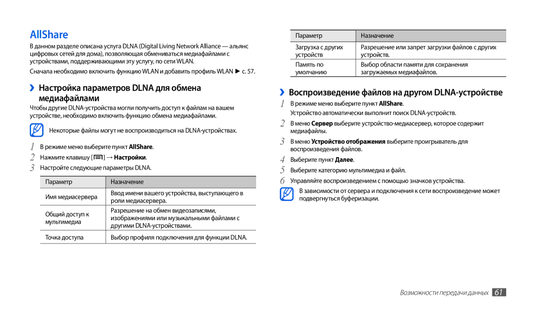 Samsung GT-P1000CWDSER, GT-P1000CWAITV, GT-P1000MSASER manual AllShare, ››Настройка параметров Dlna для обмена медиафайлами 