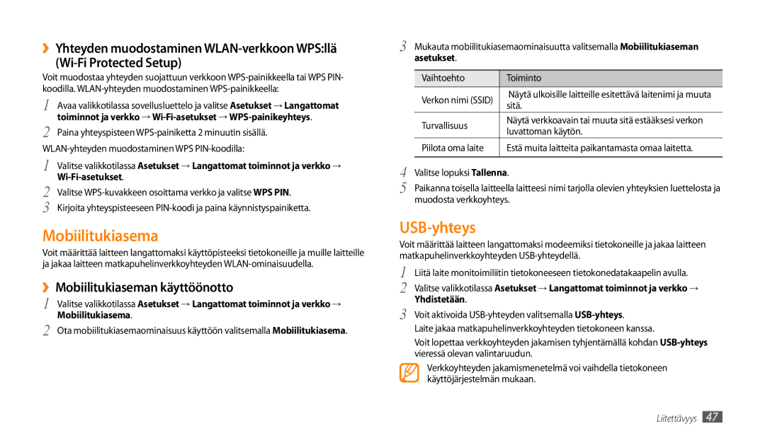 Samsung GT-P1000MSANEE, GT-P1000CWANEE manual USB-yhteys, ››Mobiilitukiaseman käyttöönotto 